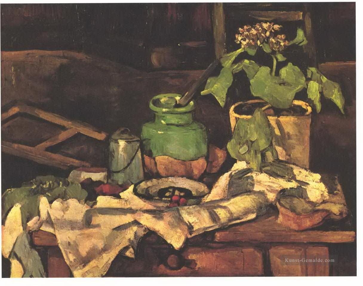 Blumentopf an einem Tisch Paul Cezanne Ölgemälde
